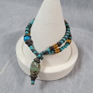 Turquoise Mixed Stone Wrap Bracelet Necklace Womens 6.25 Boho Beaded
